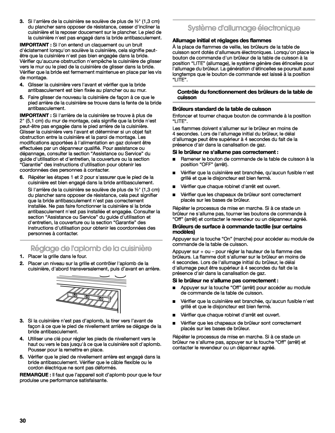 KitchenAid W10526086A installation instructions Réglage de laplomb de la cuisinière, Système dallumage électronique 