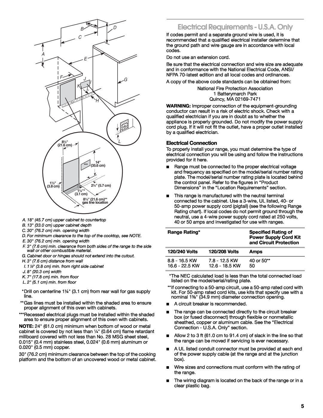 KitchenAid W10526086A Electrical Requirements - U.S.A. Only, Electrical Connection, Range Rating, Specified Rating of 