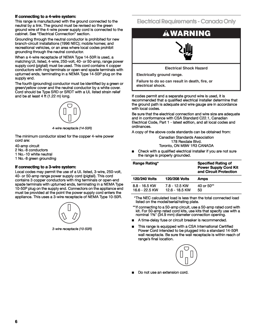 KitchenAid W10526086A Electrical Requirements - Canada Only, If connecting to a 4-wire system, Range Rating, 120/240 Volts 