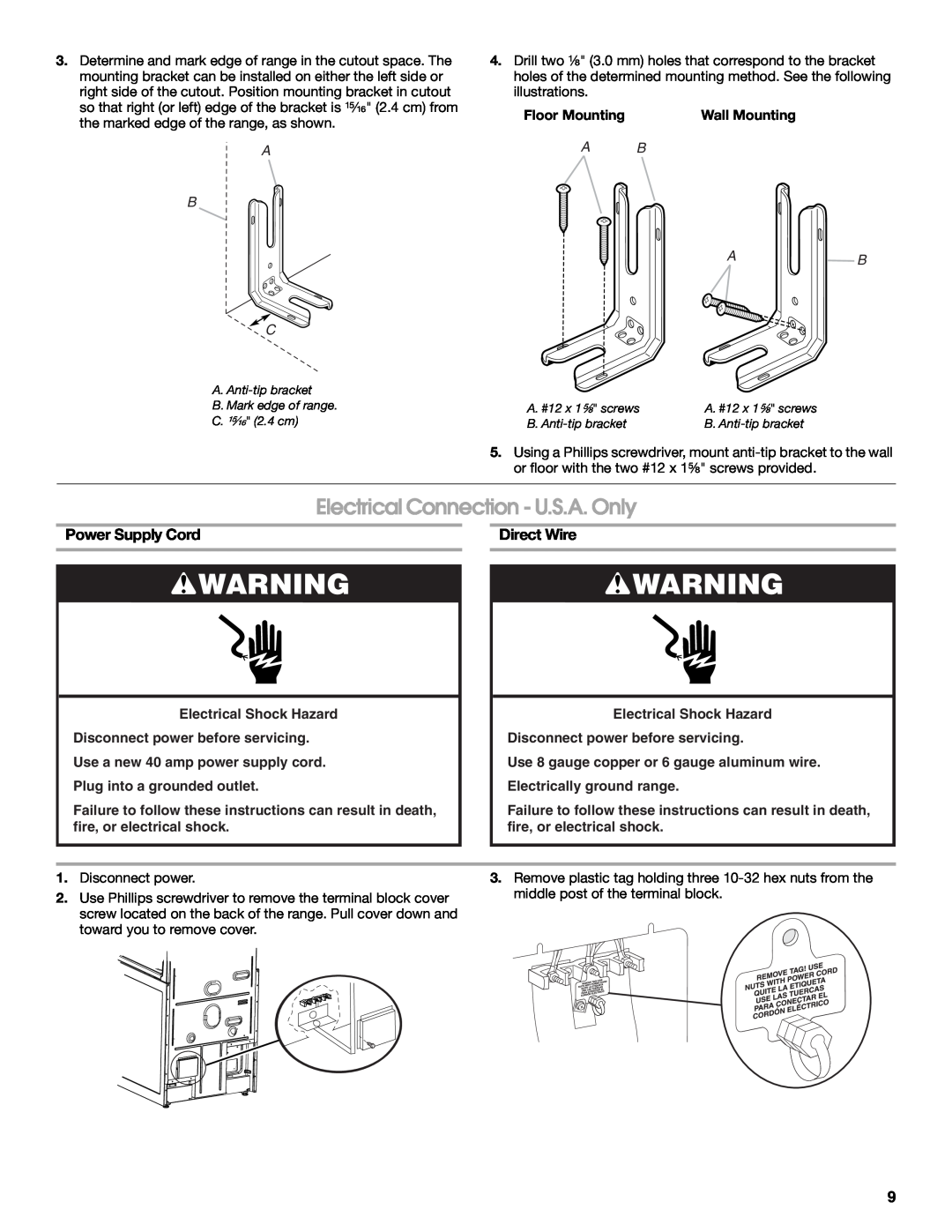 KitchenAid W10526086A Electrical Connection - U.S.A. Only, Power Supply Cord, Direct Wire, A B C, Floor Mounting, A B Ab 
