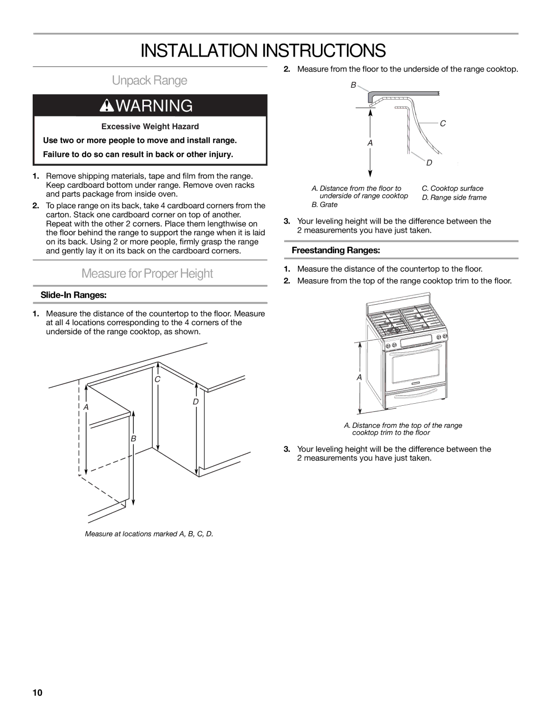 KitchenAid W10526089A Installation Instructions, Unpack Range, Measure for Proper Height, Slide-In Ranges 