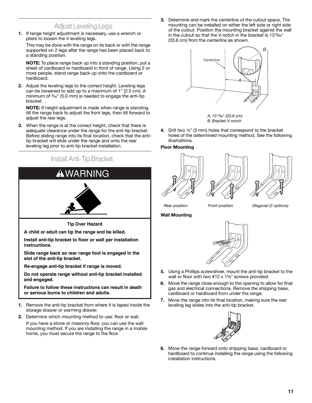 KitchenAid W10526089A Adjust Leveling Legs, Install Anti-Tip Bracket, Floor Mounting, Wall Mounting 