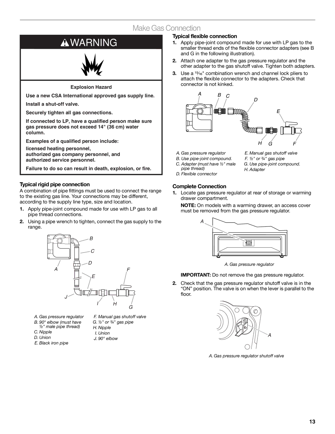 KitchenAid W10526089A Make Gas Connection, Typical flexible connection, Typical rigid pipe connection, Complete Connection 