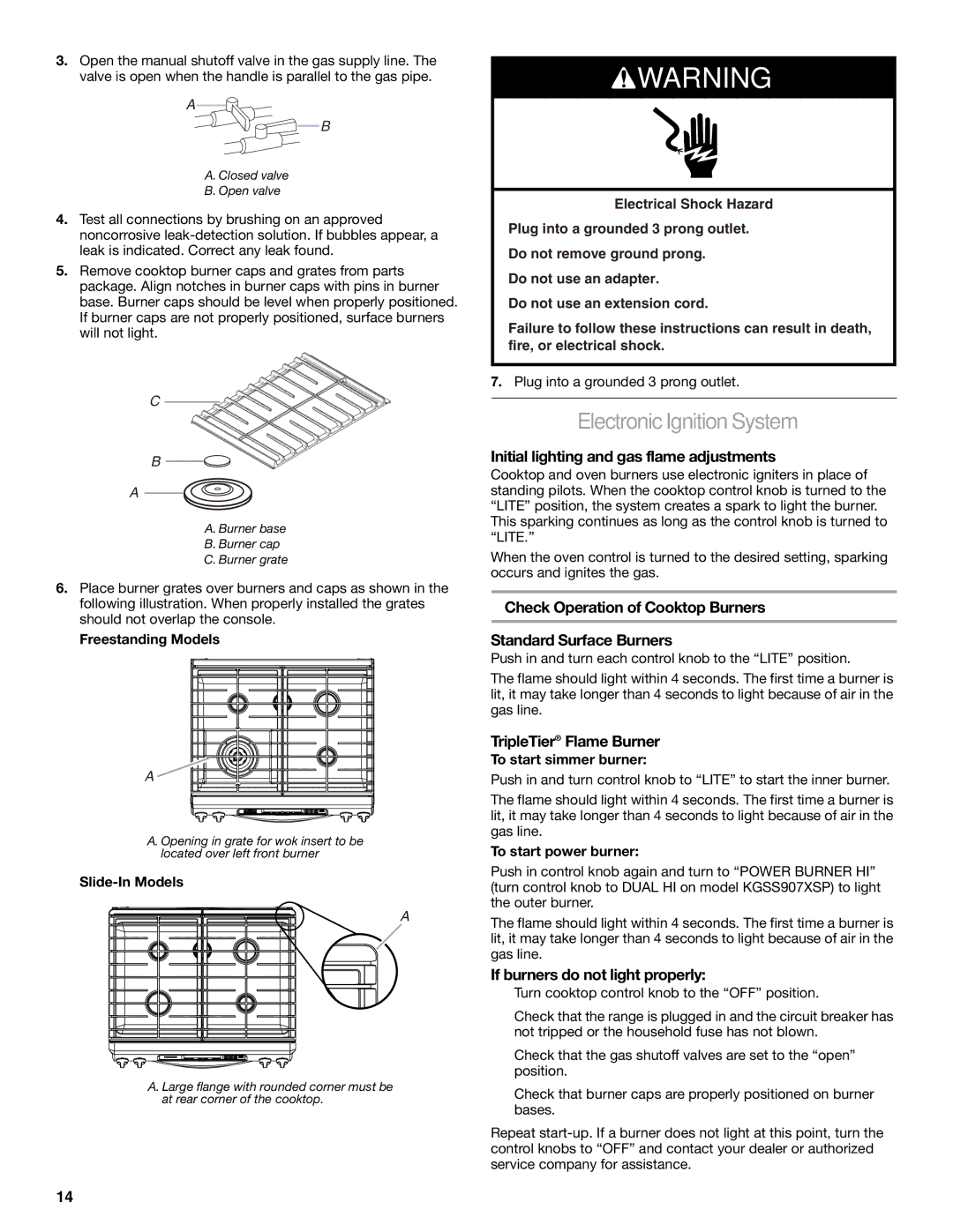 KitchenAid W10526089A Electronic Ignition System, Initial lighting and gas flame adjustments, TripleTier Flame Burner 