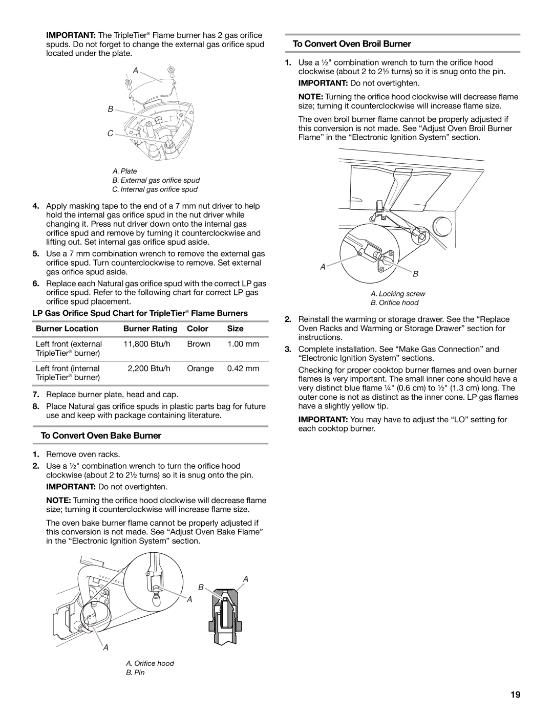 KitchenAid W10526089A To Convert Oven Broil Burner, To Convert Oven Bake Burner, Locking screw Orifice hood 