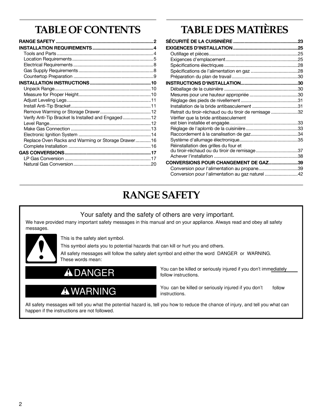 KitchenAid W10526089A installation instructions Table DES Matières, Range Safety 