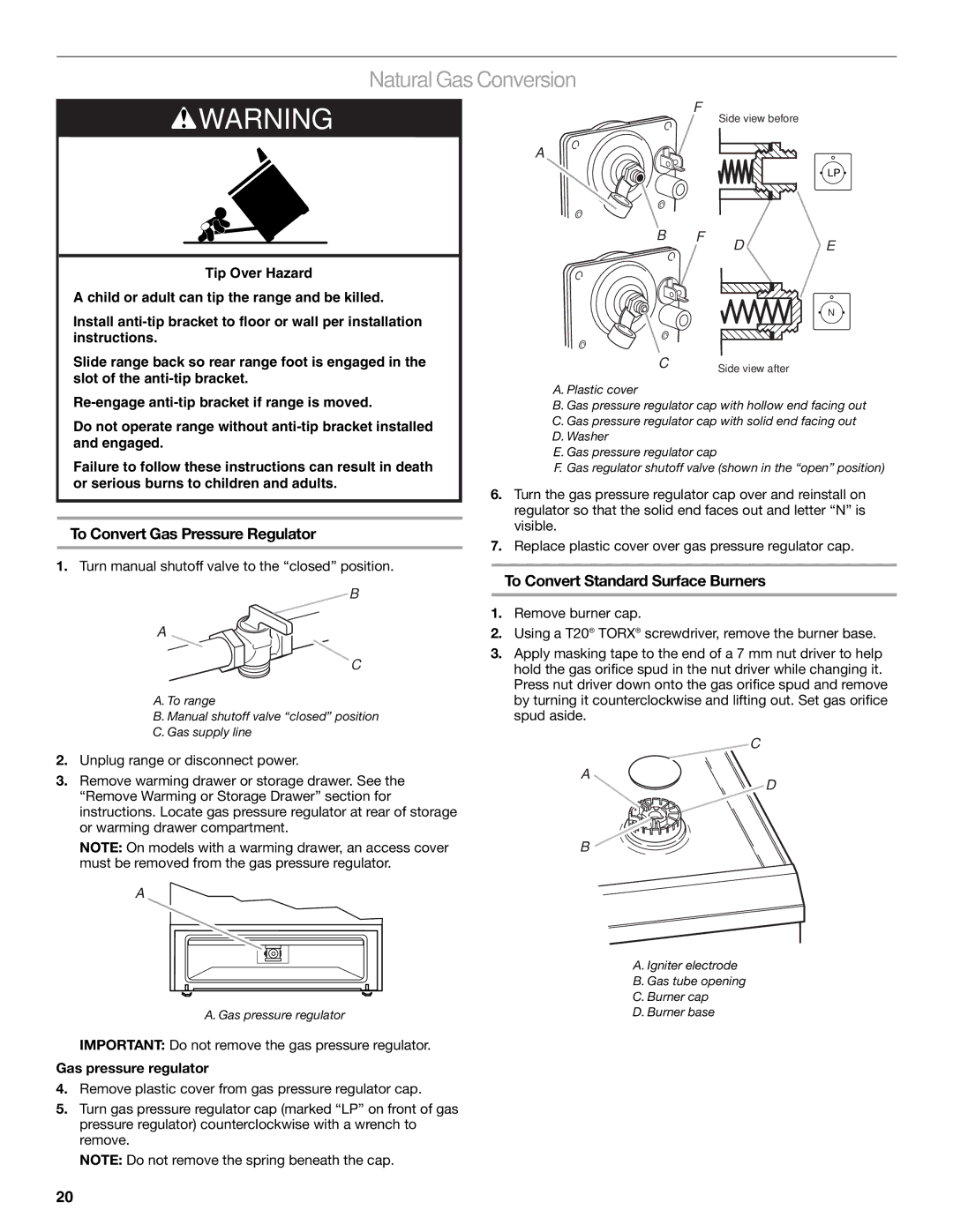 KitchenAid W10526089A installation instructions Natural Gas Conversion, To Convert Gas Pressure Regulator 