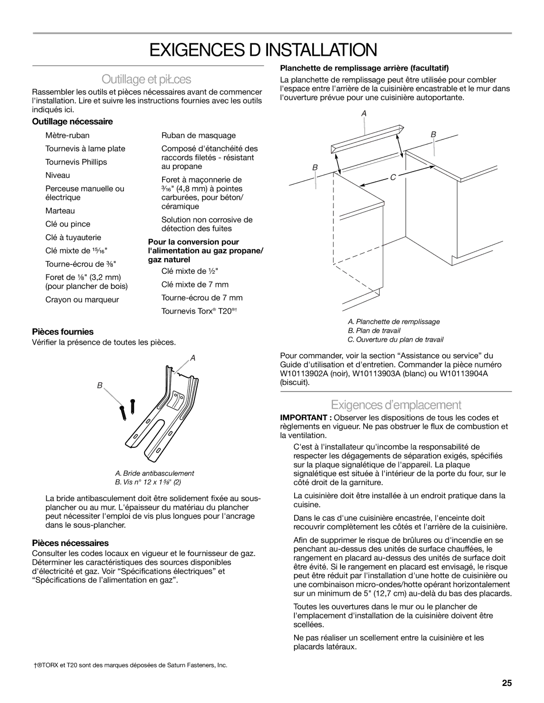 KitchenAid W10526089A installation instructions Exigences D’INSTALLATION, Outillage et pièces, Exigences demplacement 