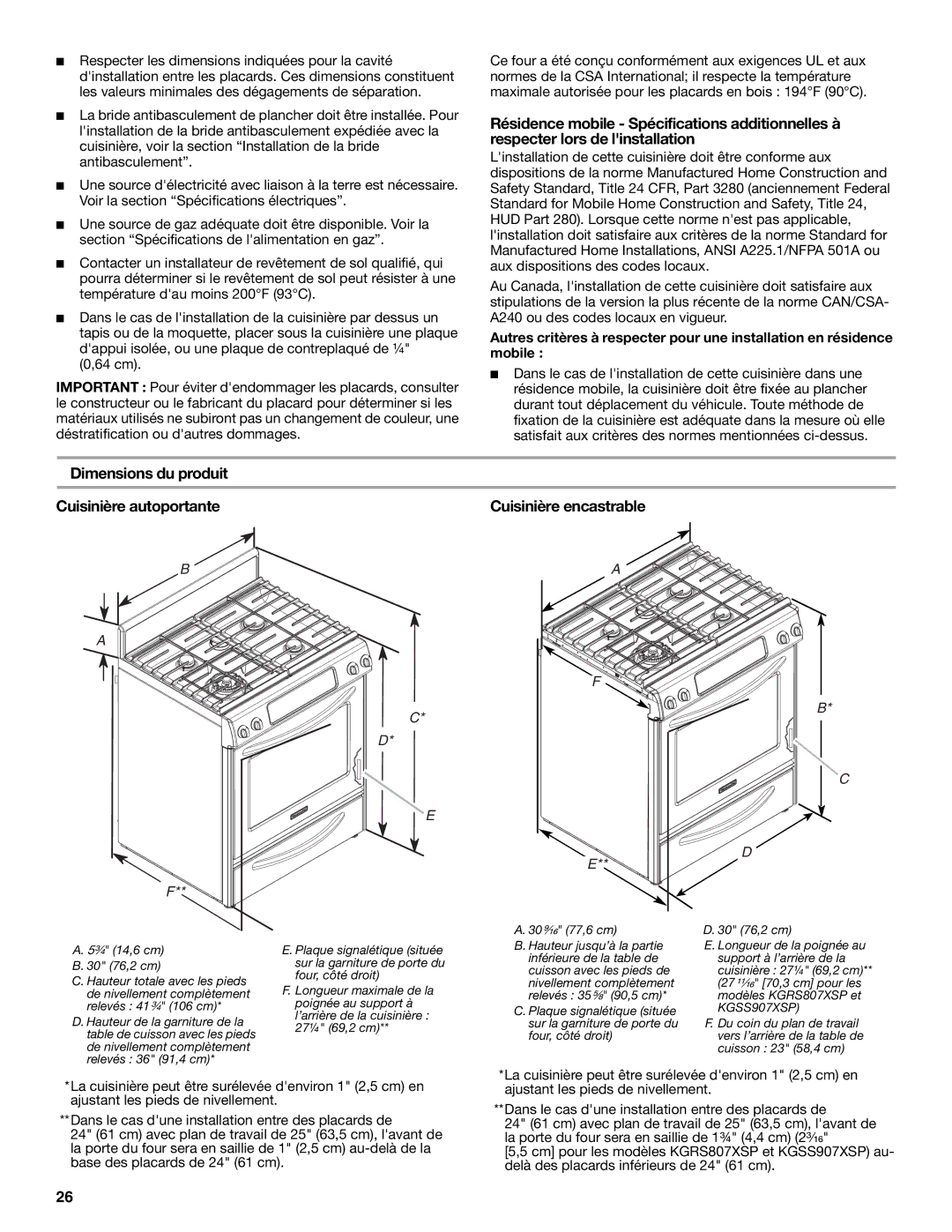 KitchenAid W10526089A Dimensions du produit Cuisinière autoportante, 64 cm, Cuisinière encastrable 