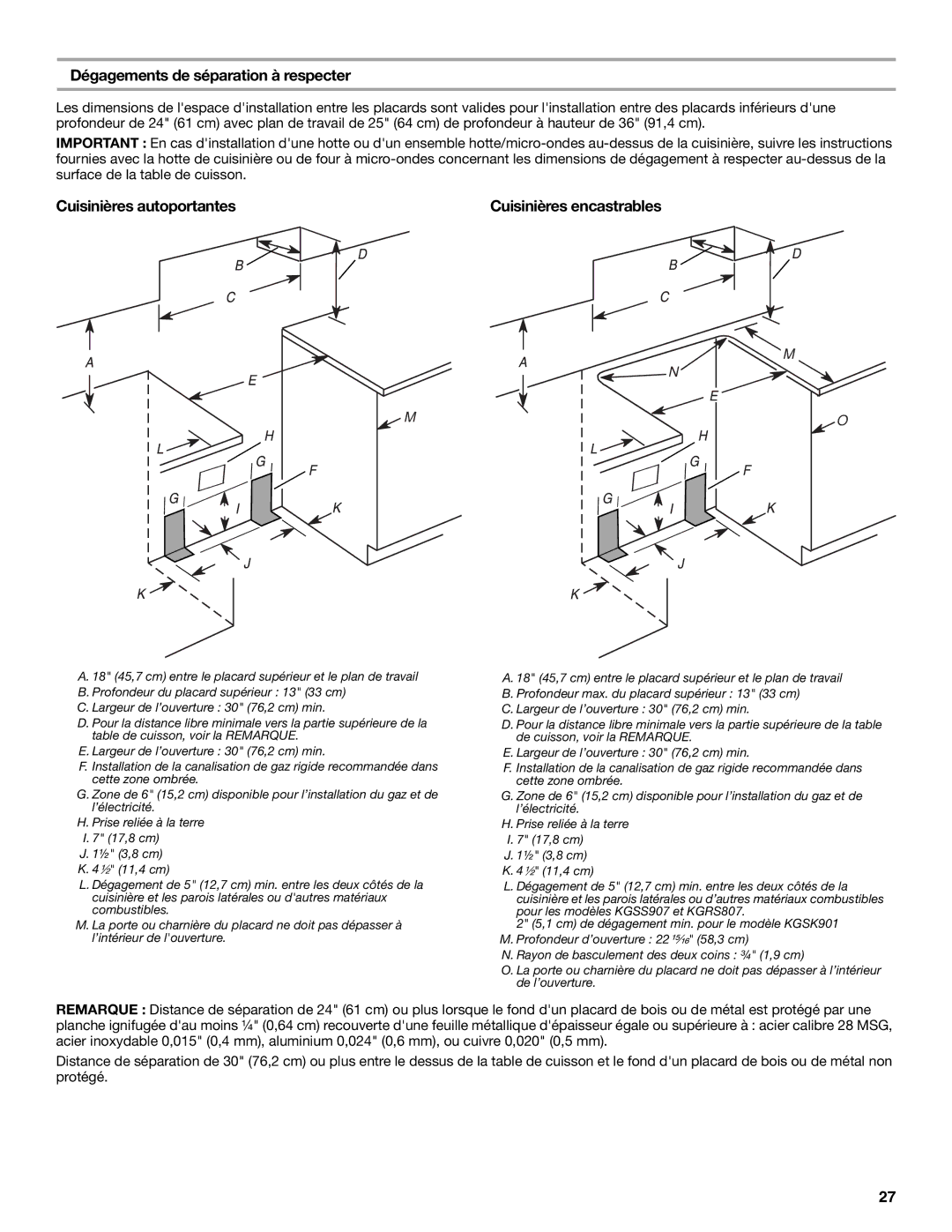 KitchenAid W10526089A Dégagements de séparation à respecter, Cuisinières autoportantes, Cuisinières encastrables 