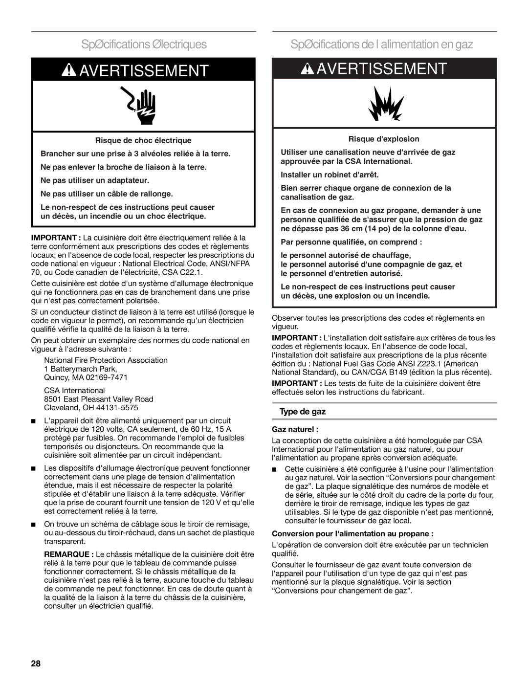 KitchenAid W10526089A Spécifications électriques, Spécifications de l’alimentation en gaz, Type de gaz, Gaz naturel 