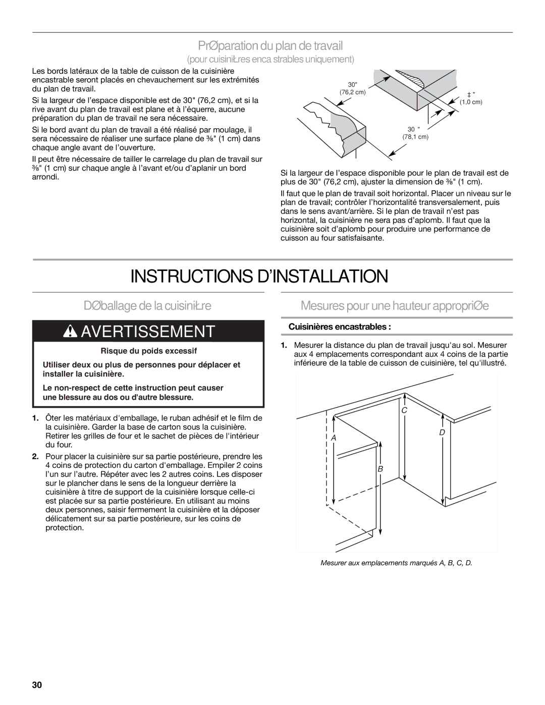 KitchenAid W10526089A Instructions Dinstallation, Préparation du plan de travail, Déballage de la cuisinière 