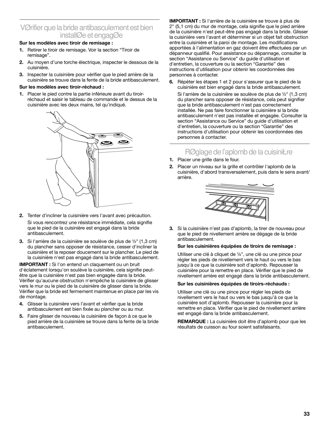 KitchenAid W10526089A Réglage de laplomb de la cuisinière, Sur les modèles avec tiroir de remisage 