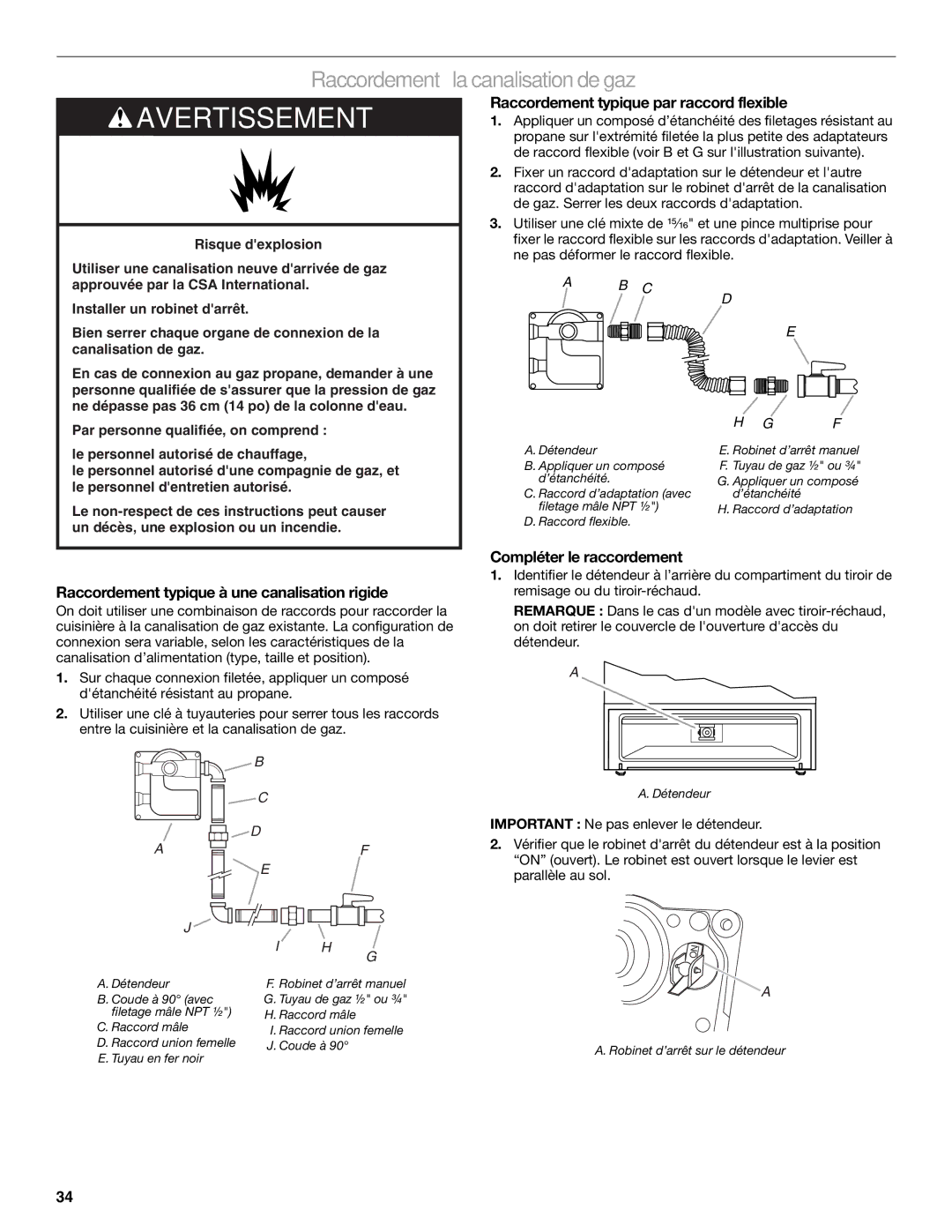 KitchenAid W10526089A Raccordement à la canalisation de gaz, Raccordement typique par raccord flexible 