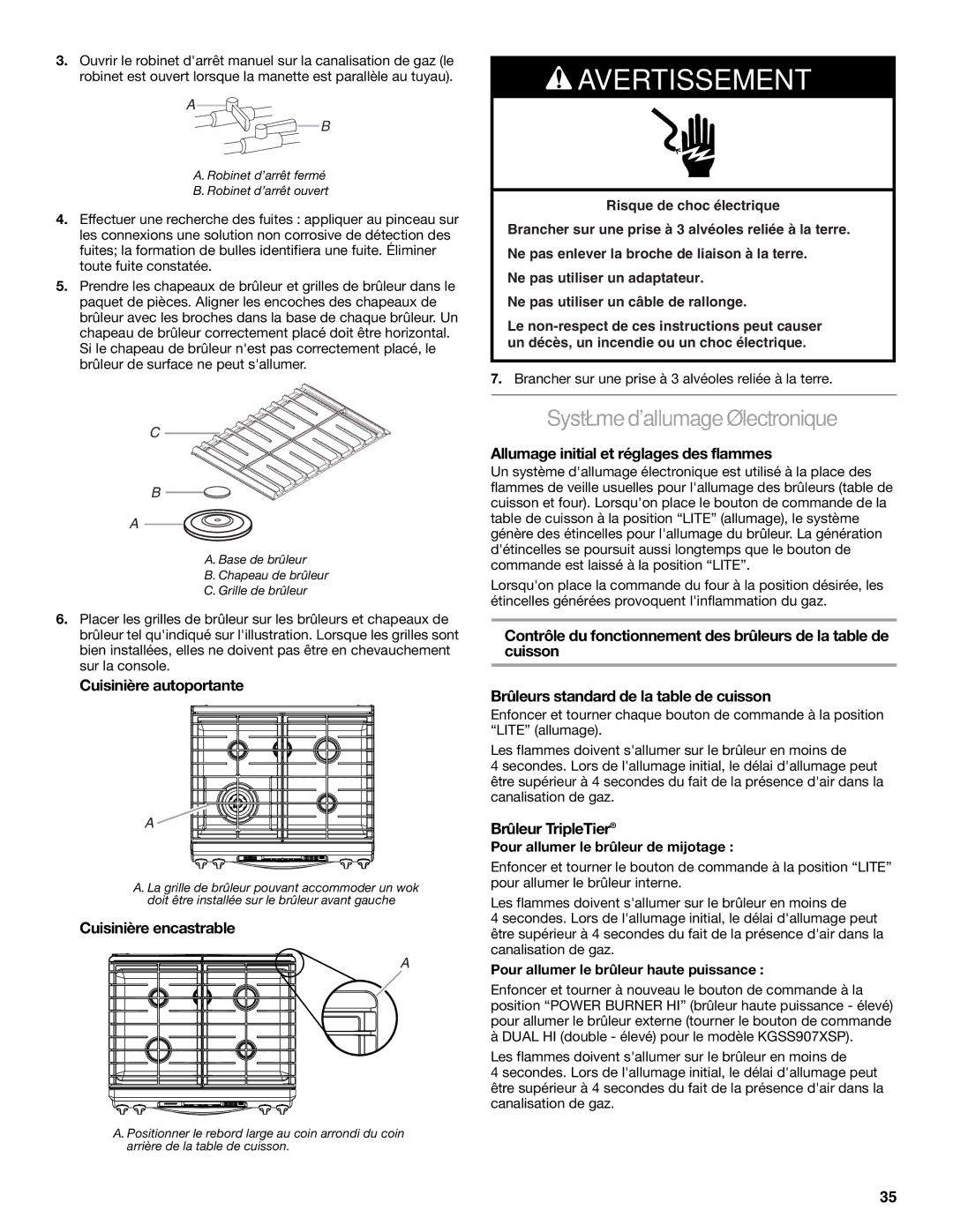 KitchenAid W10526089A Système dallumage électronique, Cuisinière encastrable, Allumage initial et réglages des flammes 