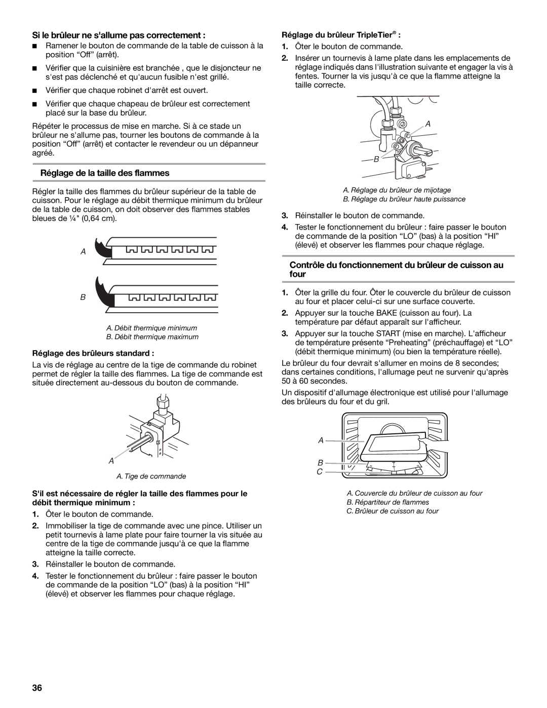 KitchenAid W10526089A installation instructions Si le brûleur ne sallume pas correctement, Réglage de la taille des flammes 