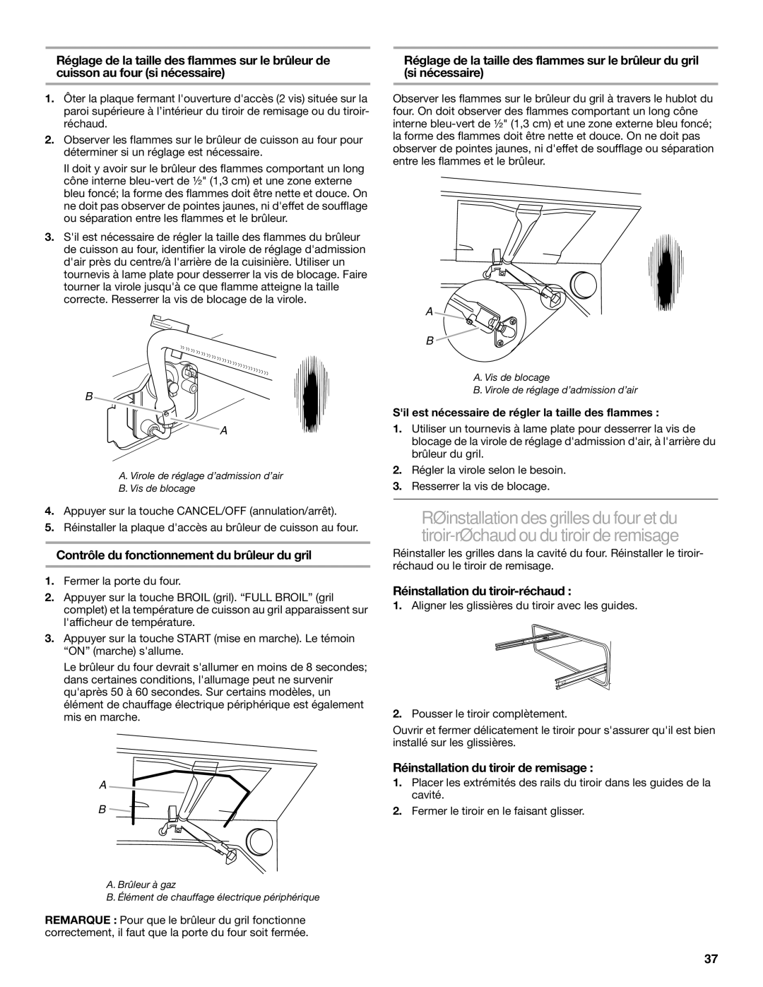 KitchenAid W10526089A Contrôle du fonctionnement du brûleur du gril, Réinstallation du tiroir-réchaud 