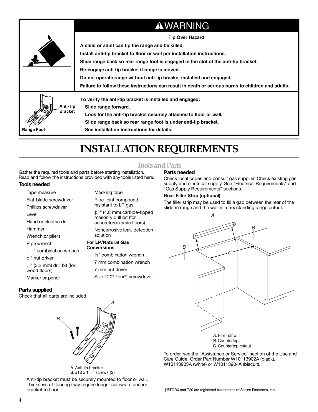 KitchenAid W10526089A Installation Requirements, Tools and Parts, Parts needed, Tools needed, Parts supplied 