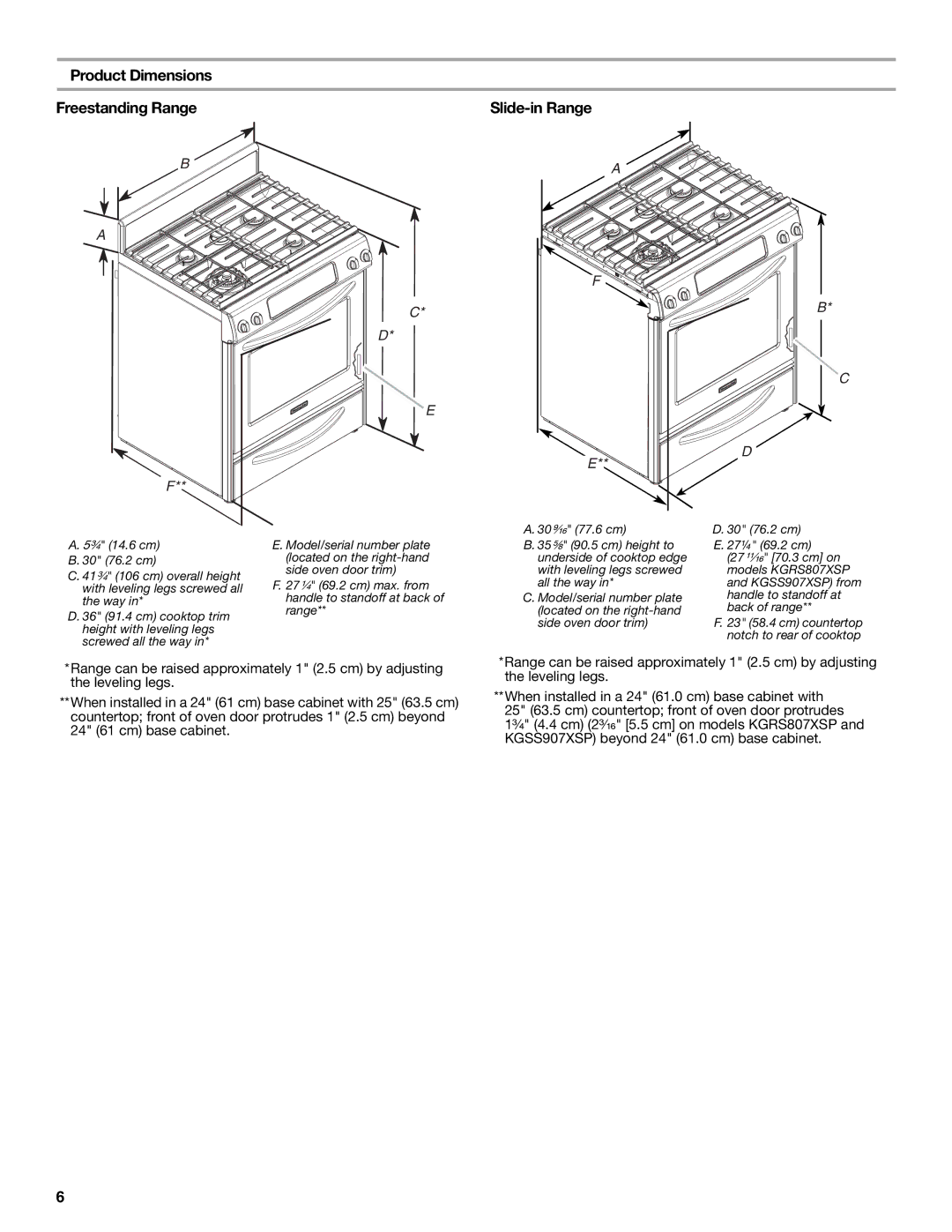 KitchenAid W10526089A installation instructions Product Dimensions Freestanding Range, Slide-in Range 