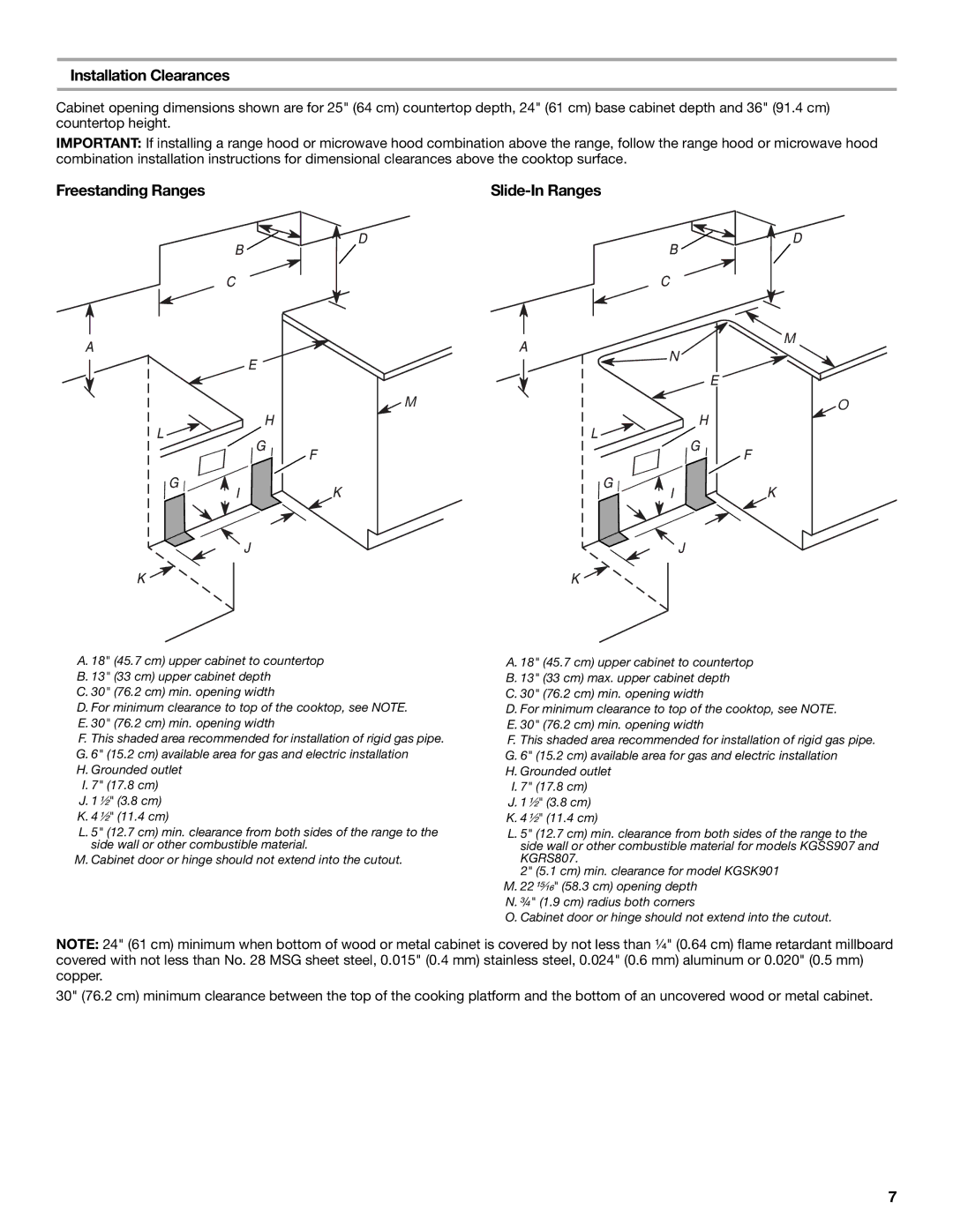 KitchenAid W10526089A installation instructions Installation Clearances, Freestanding Ranges, Slide-In Ranges 