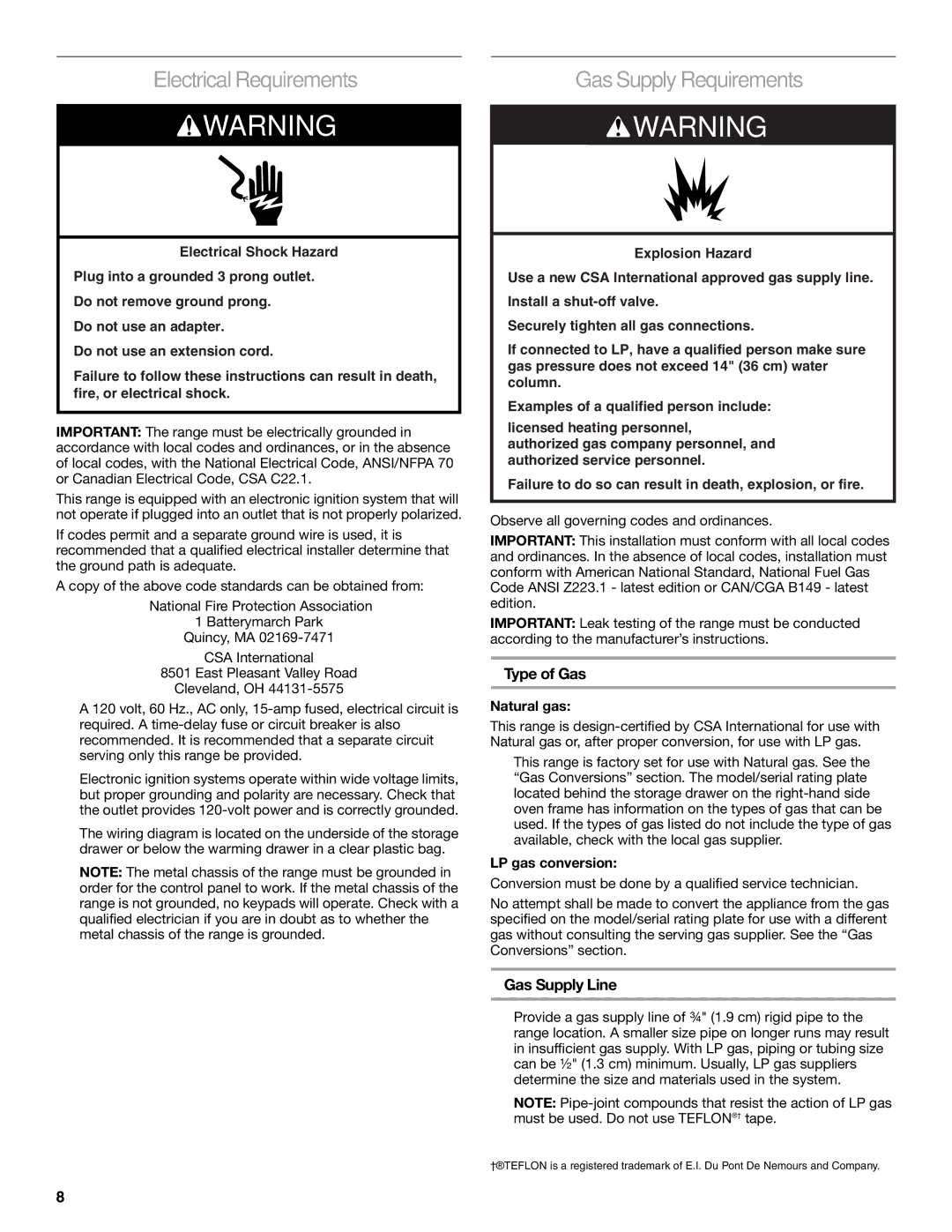 KitchenAid W10526089A Electrical Requirements, Gas Supply Requirements, Type of Gas, Gas Supply Line 