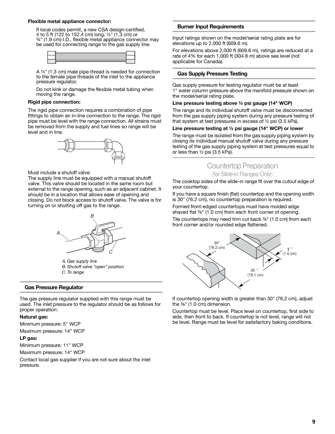 KitchenAid W10526089A Countertop Preparation, Burner Input Requirements, Gas Supply Pressure Testing 