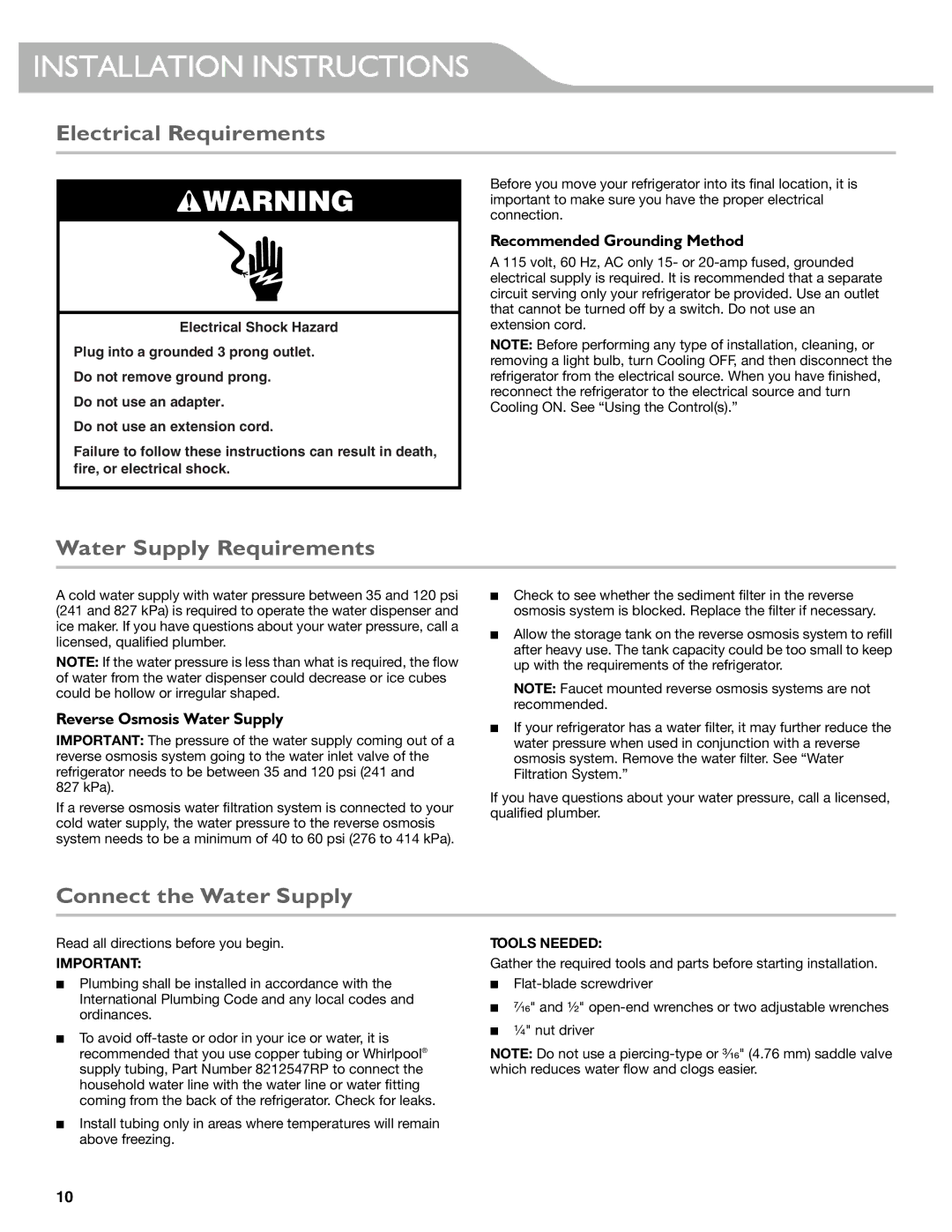 KitchenAid W10537977A manual Electrical Requirements, Water Supply Requirements, Connect the Water Supply 