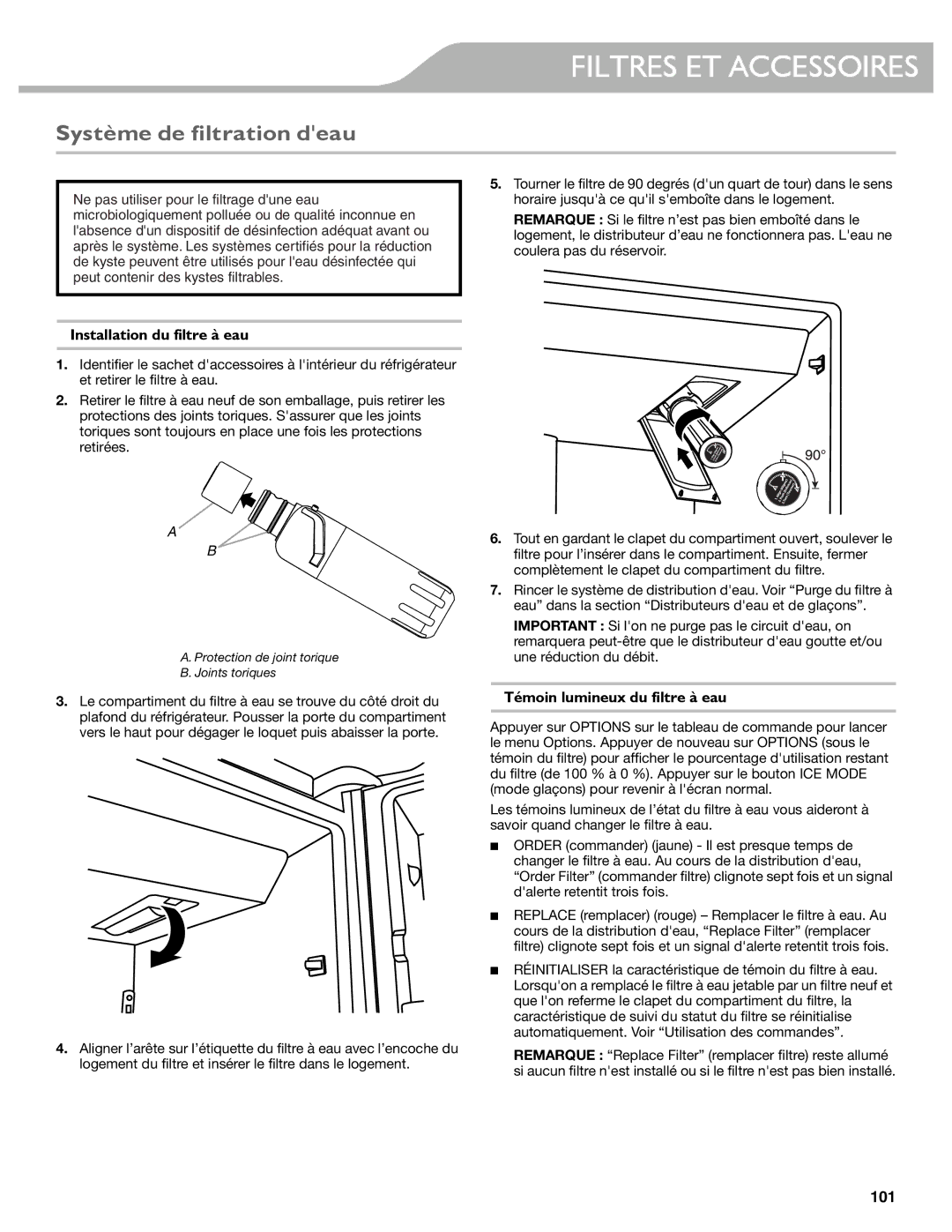 KitchenAid W10537977A manual Filtres ET Accessoires, Système de filtration deau, Installation du filtre à eau 