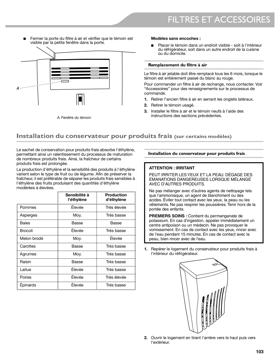 KitchenAid W10537977A manual Remplacement du filtre à air, Installation du conservateur pour produits frais 