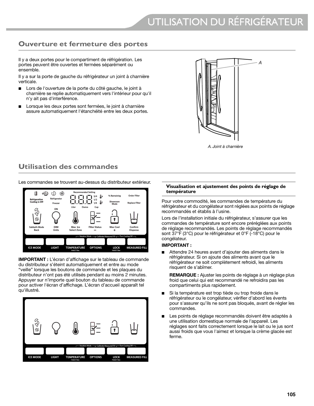 KitchenAid W10537977A manual Utilisation DU Réfrigérateur, Ouverture et fermeture des portes, Utilisation des commandes 