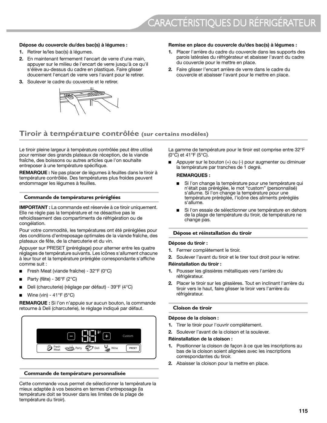 KitchenAid W10537977A manual Tiroir à température contrôlée sur certains modèles, Commande de températures préréglées 