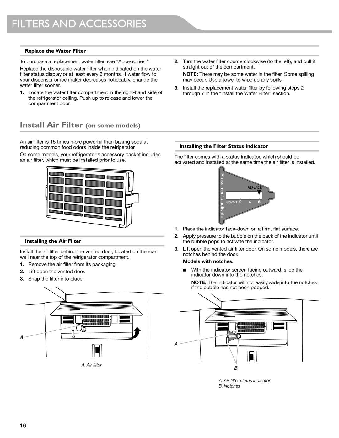 KitchenAid W10537977A manual Install Air Filter on some models, Replace the Water Filter, Installing the Air Filter 