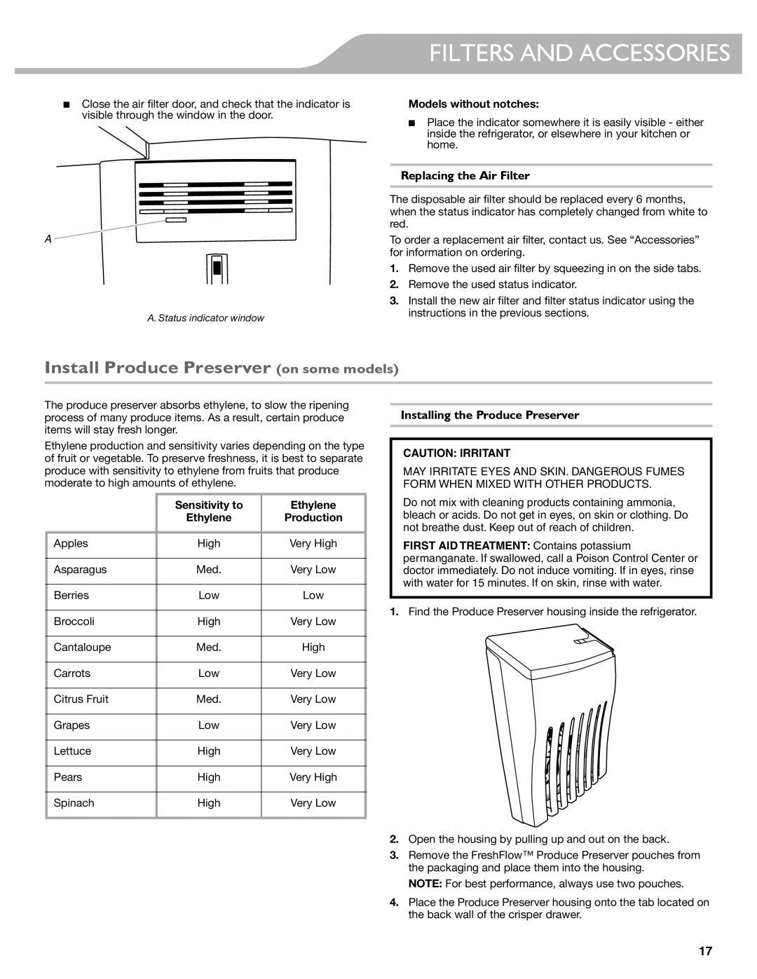 KitchenAid W10537977A Install Produce Preserver on some models, Replacing the Air Filter, Installing the Produce Preserver 