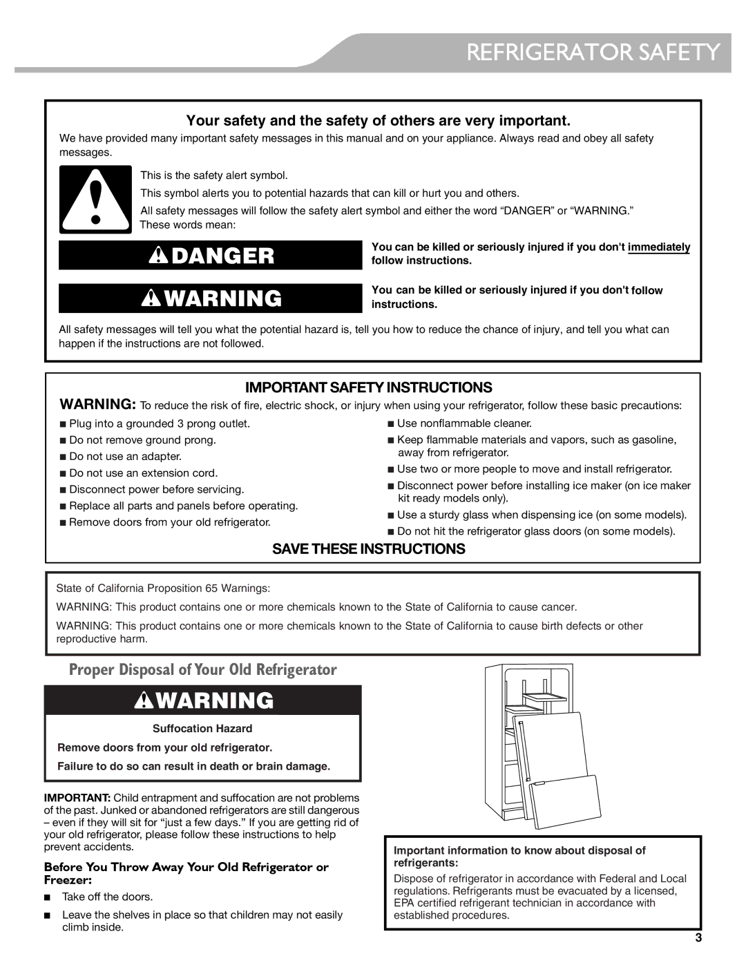 KitchenAid W10537977A manual Refrigerator Safety, Before You Throw Away Your Old Refrigerator or Freezer 