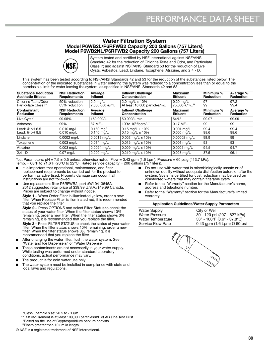 KitchenAid W10537977A manual Performance Data Sheet, Water Filtration System 