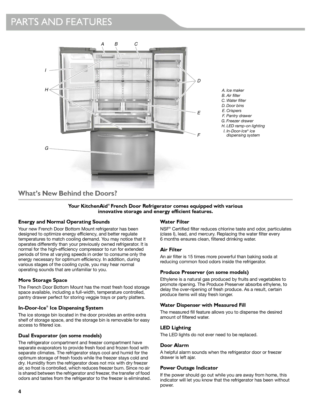 KitchenAid W10537977A manual Parts and Features, What’s New Behind the Doors? 