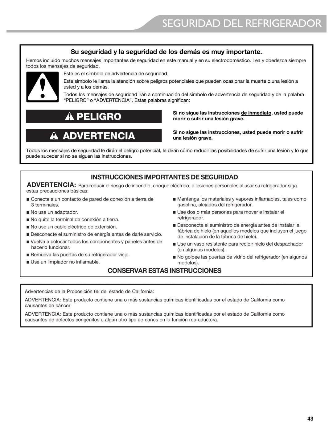 KitchenAid W10537977A manual Seguridad DEL Refrigerador, Su seguridad y la seguridad de los demás es muy importante 