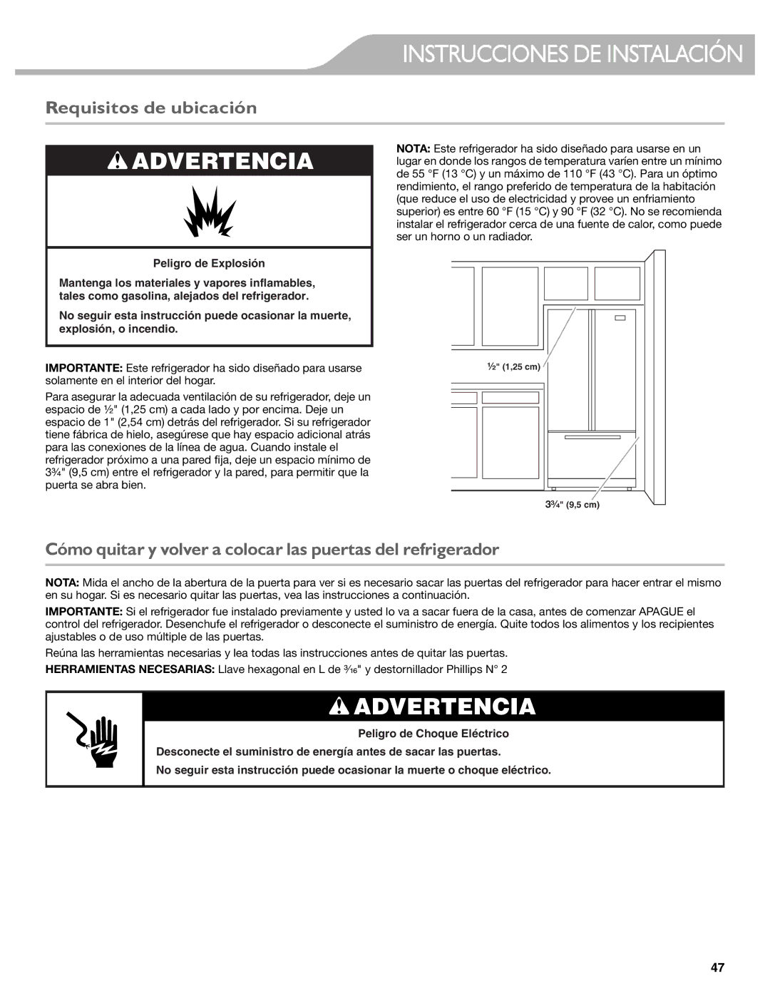 KitchenAid W10537977A manual Requisitos de ubicación, Cómo quitar y volver a colocar las puertas del refrigerador 