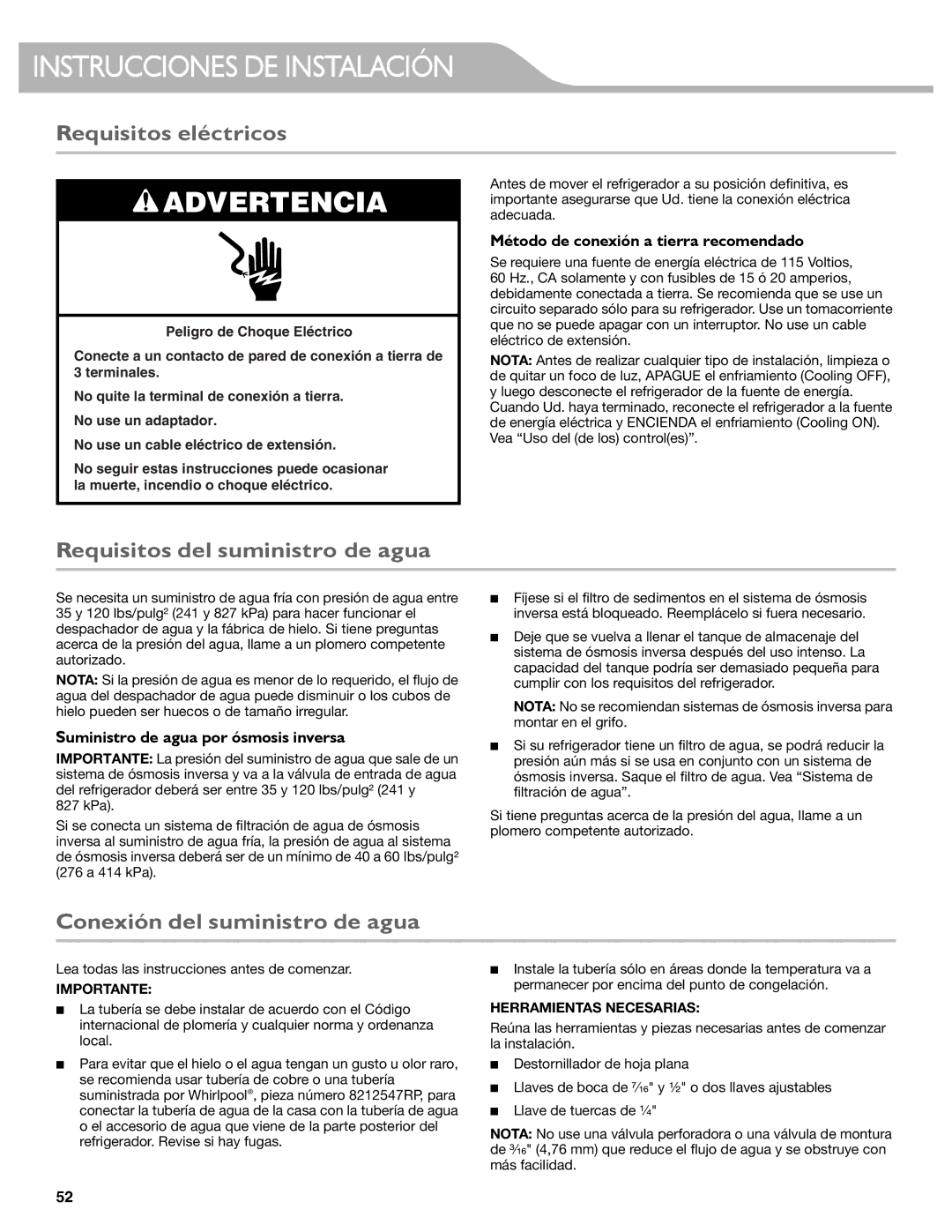 KitchenAid W10537977A manual Requisitos eléctricos, Requisitos del suministro de agua, Conexión del suministro de agua 