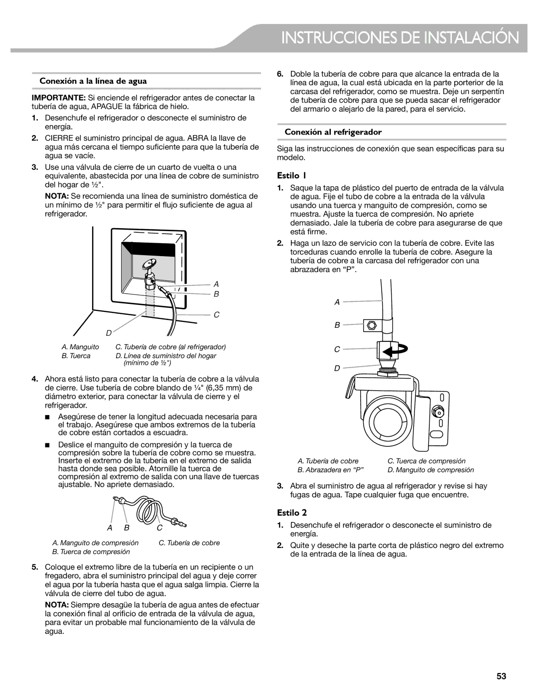 KitchenAid W10537977A manual Estilo, Conexión a la línea de agua, Conexión al refrigerador 