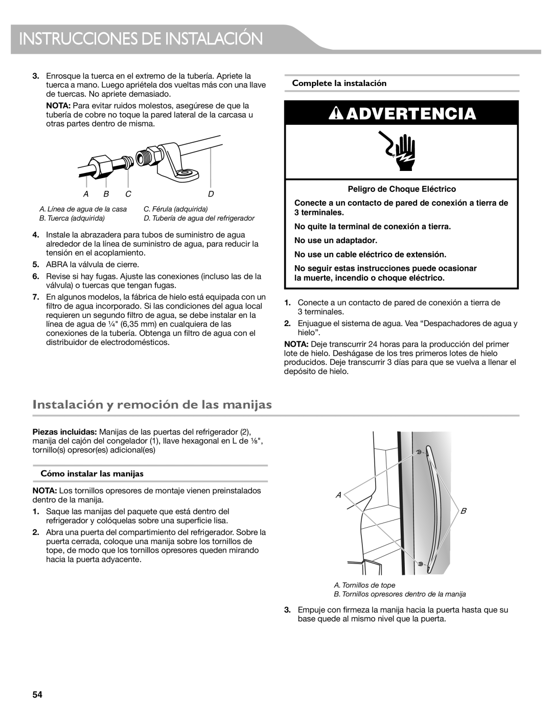 KitchenAid W10537977A manual Instalación y remoción de las manijas, Complete la instalación, Cómo instalar las manijas 