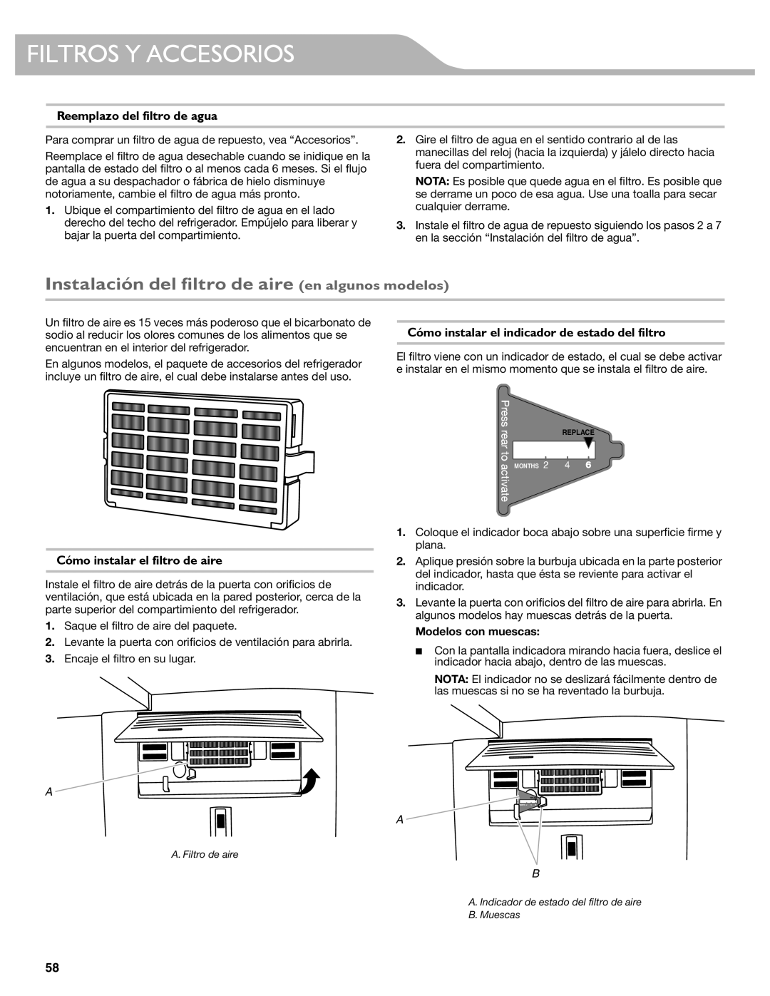 KitchenAid W10537977A Instalación del filtro de aire en algunos modelos, Reemplazo del filtro de agua, Modelos con muescas 