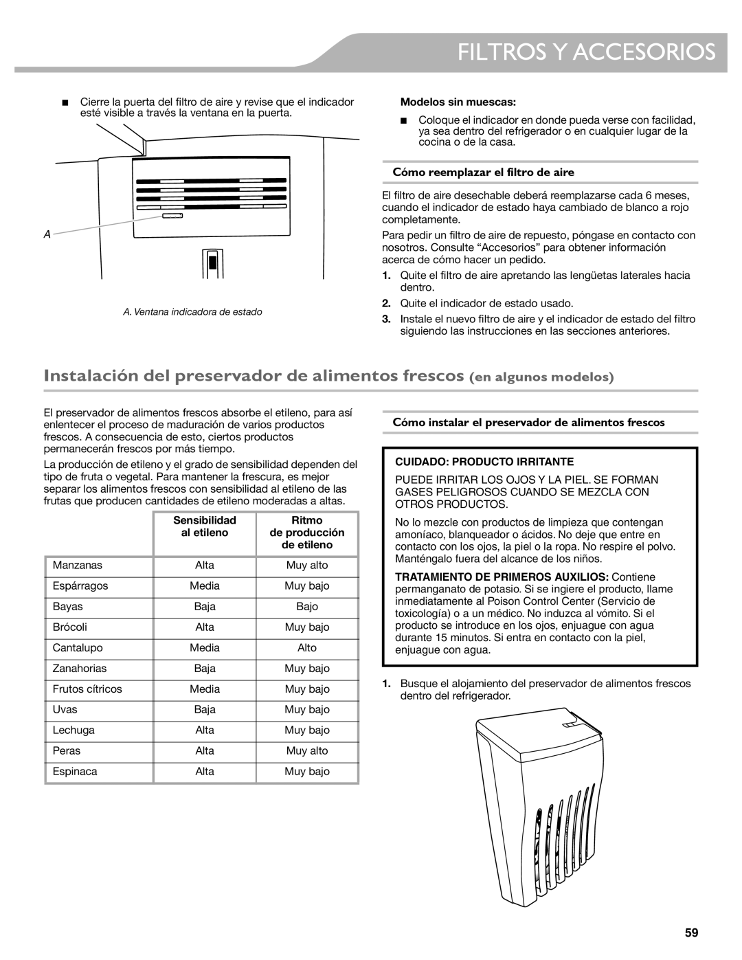 KitchenAid W10537977A manual Cómo reemplazar el filtro de aire, Cómo instalar el preservador de alimentos frescos 