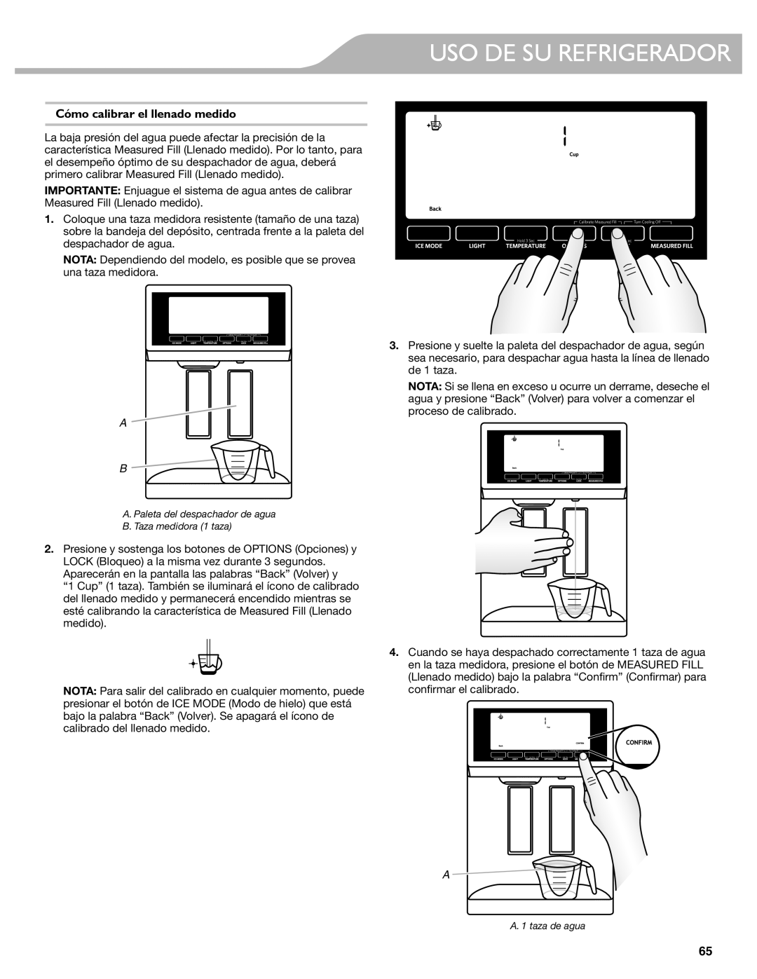 KitchenAid W10537977A manual Cómo calibrar el llenado medido 