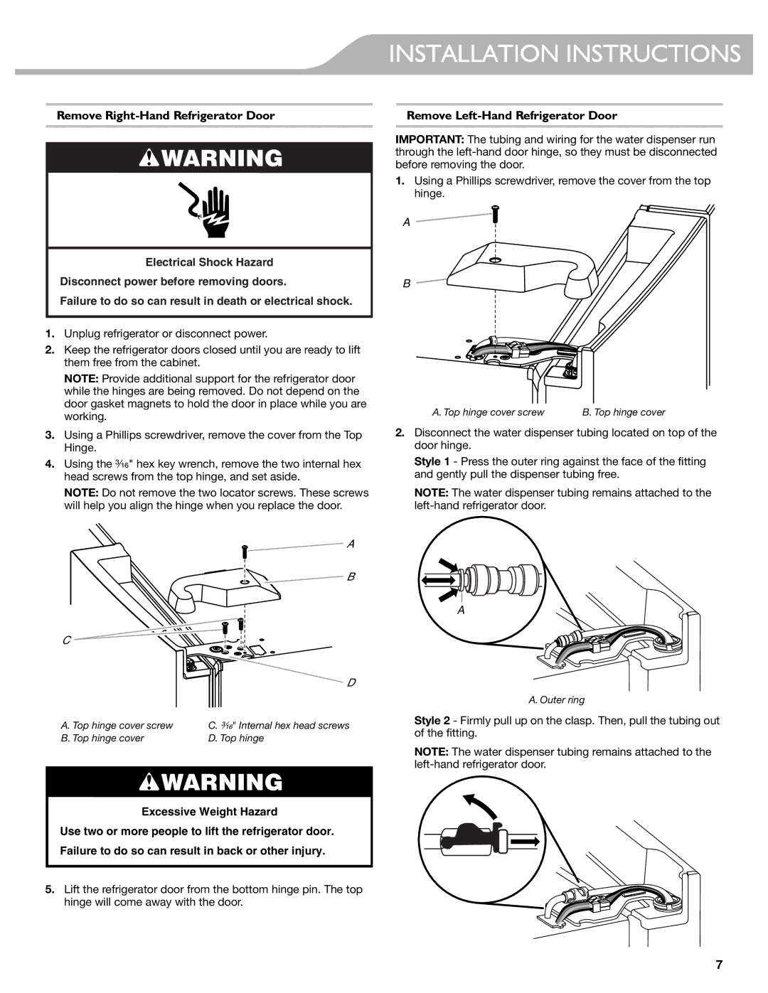 KitchenAid W10537977A manual Remove Right-Hand Refrigerator Door, Remove Left-Hand Refrigerator Door 