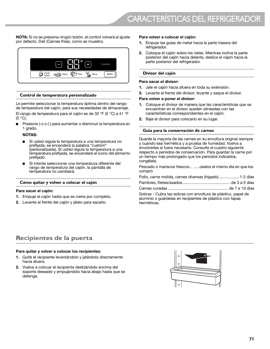 KitchenAid W10537977A manual Recipientes de la puerta, Control de temperatura personalizado, Divisor del cajón 