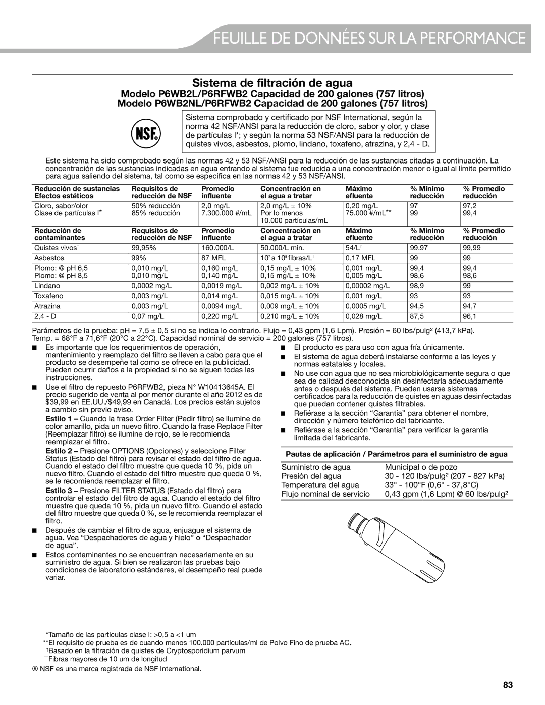 KitchenAid W10537977A manual Feuille DE Données SUR LA Performance, Sistema de filtración de agua 