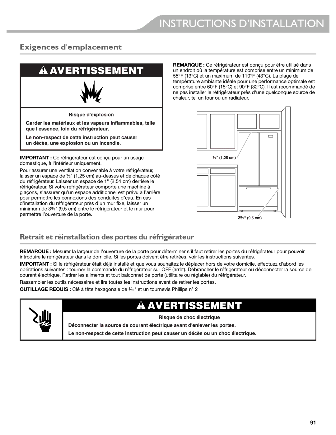 KitchenAid W10537977A manual Exigences demplacement, Retrait et réinstallation des portes du réfrigérateur 