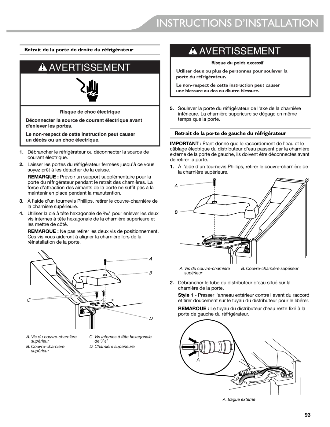 KitchenAid W10537977A manual Retrait de la porte de droite du réfrigérateur, Risque de choc électrique 