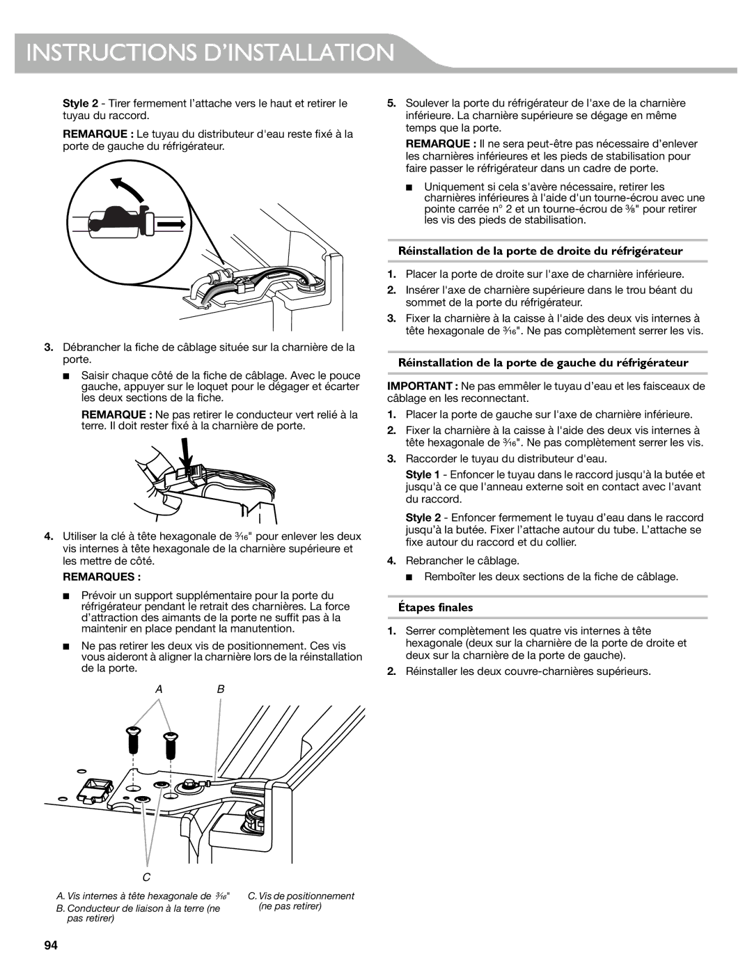 KitchenAid W10537977A manual Réinstallation de la porte de droite du réfrigérateur, Étapes finales, Remarques 